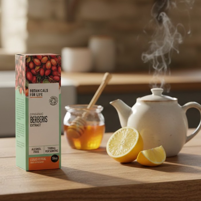 Box of Botanicals For Life Organic Berberis Extract on a wooden kitchen counter beside a steaming teapot, a jar of honey with a dipper, and sliced lemon in a rustic kitchen setting